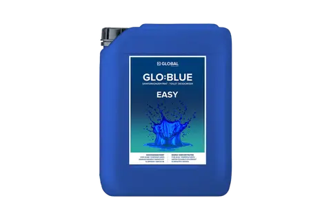 Blue Easy Blauwe jerrycan met etiket van GLO BLUE en een blauwe watersplash in het midden