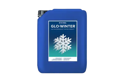Blue winter Blauwe jerrycan met etiket ‘GLO•WINTER en een grote witte sneeuwvlok erop