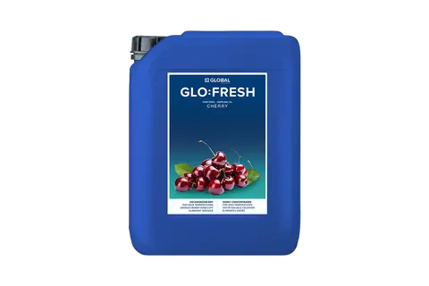 Fresh sanitairconcentraat Blauwe jerrycan met een label van Glo Fresh en een afbeelding van kersen