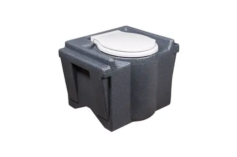 GLOBAL Flexitank Een compact draagbaar toilet in grijs kunststof met een witte klep