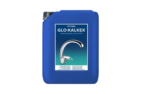 Kalkex reiniger Blauwe jerrycan met etiket van een kalkreiniger en een afbeelding van een glimmende kraan