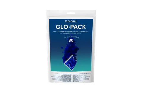 Pack sanitairconcentraat Zakje met blauwe GLO PACK‑capsule die oplost in water